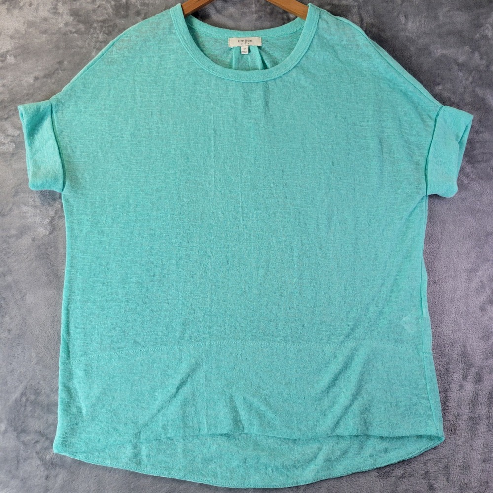 Umgee Womens‎ M Aqua Green Weekend Rolled Sleeve High Low Tee Lightweight